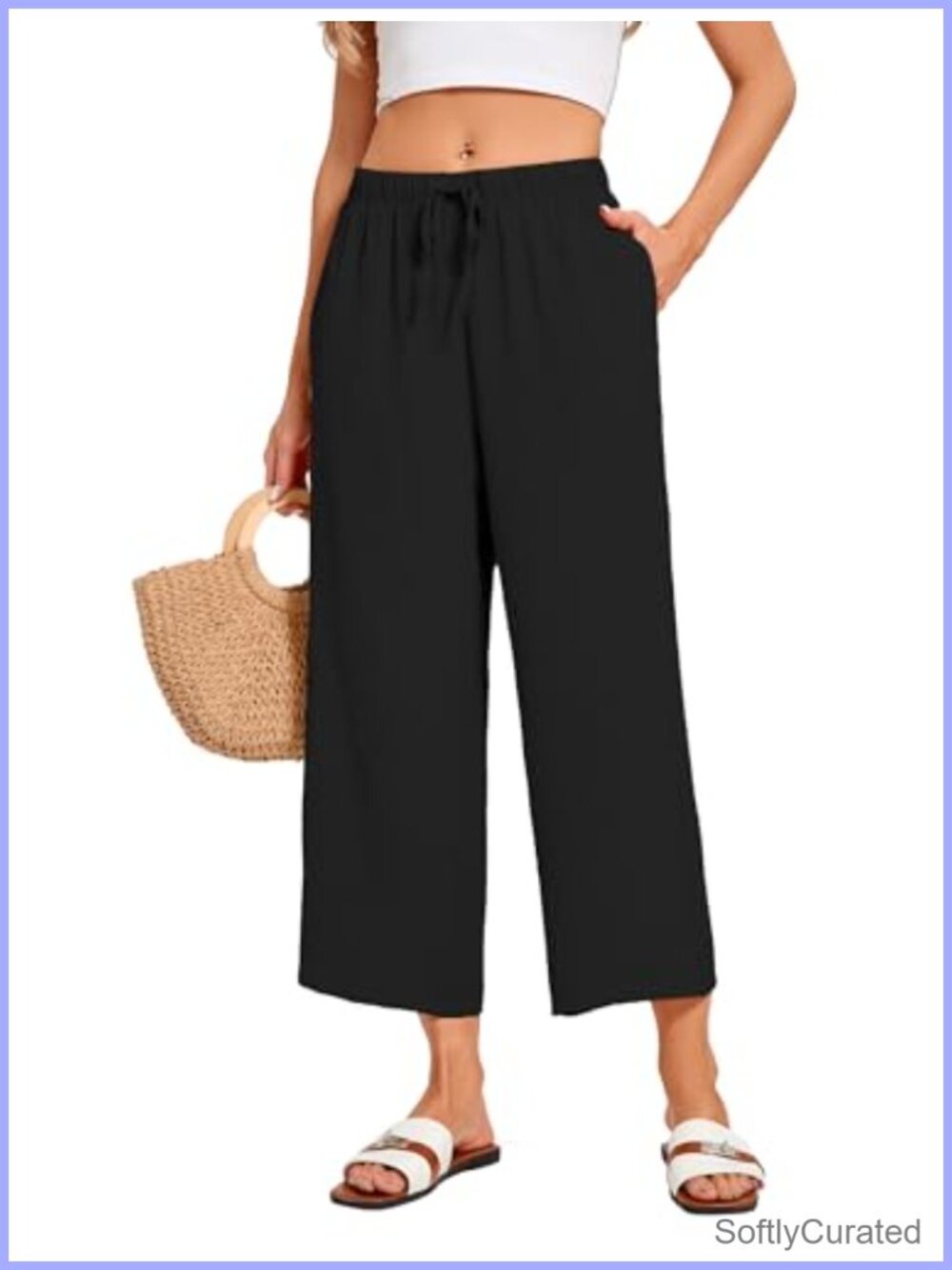 Womens Wide Leg Cropped Palazzo Pants Drawstring Low Rise Summer Beach Capris